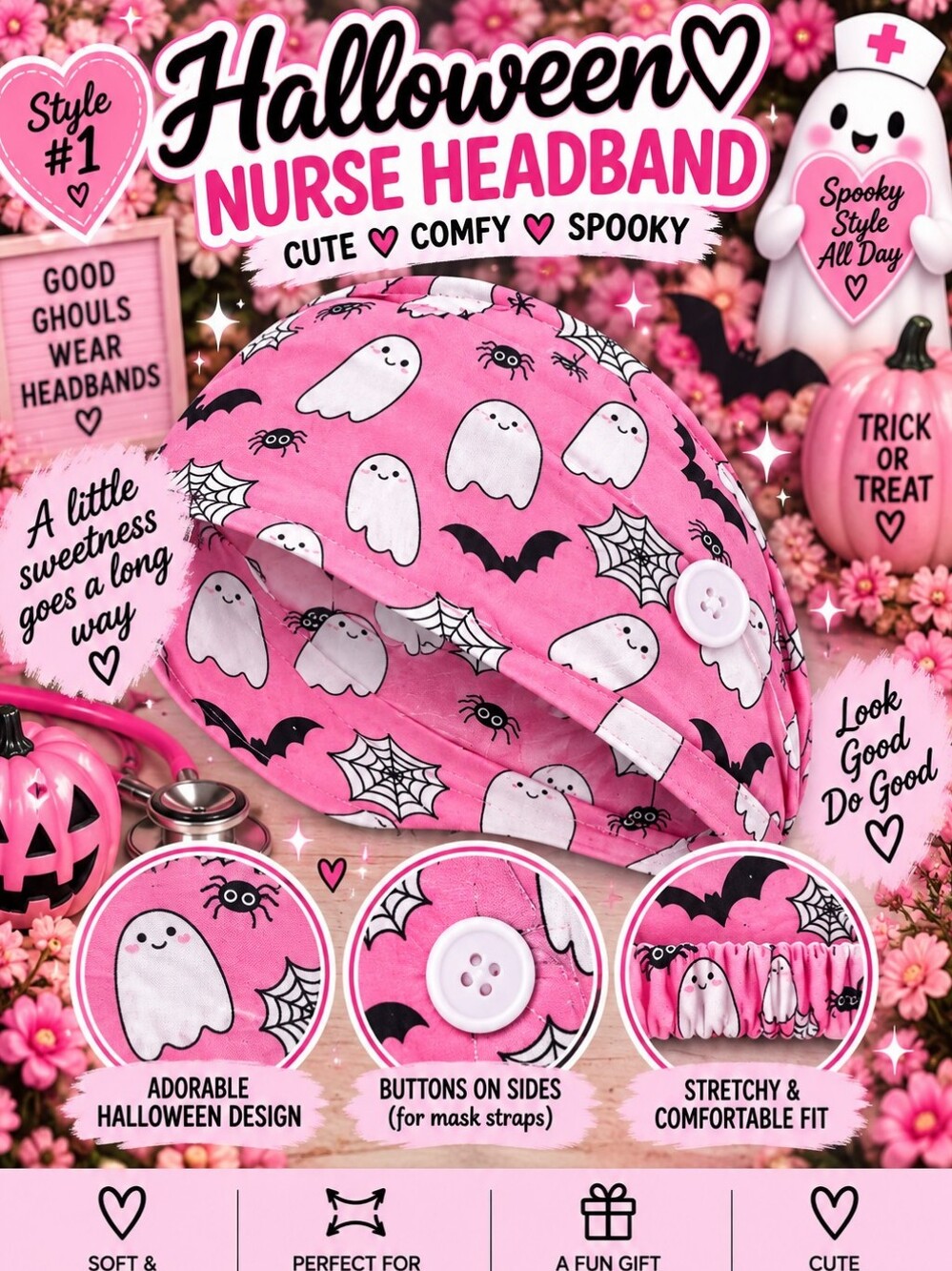 Halloween Ghost Pink Nurse Headband with Buttons!!